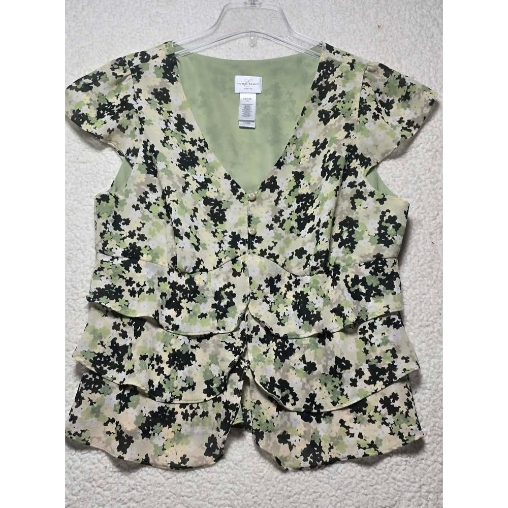 Emma James Petite Green Floral Tiered Ruffle V-Neck Blouse Top Womens Size 14P
